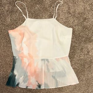 Nine West Women's White Spaghetti Strap Pleated Hem Tank Top - Watercolor Print